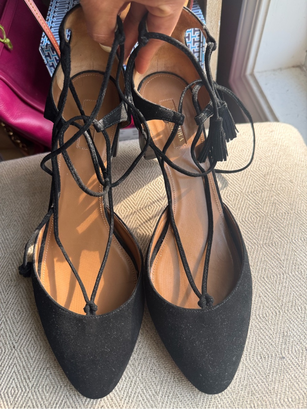 Aquazzura Black Pointed Toe Lace-Up Flats
